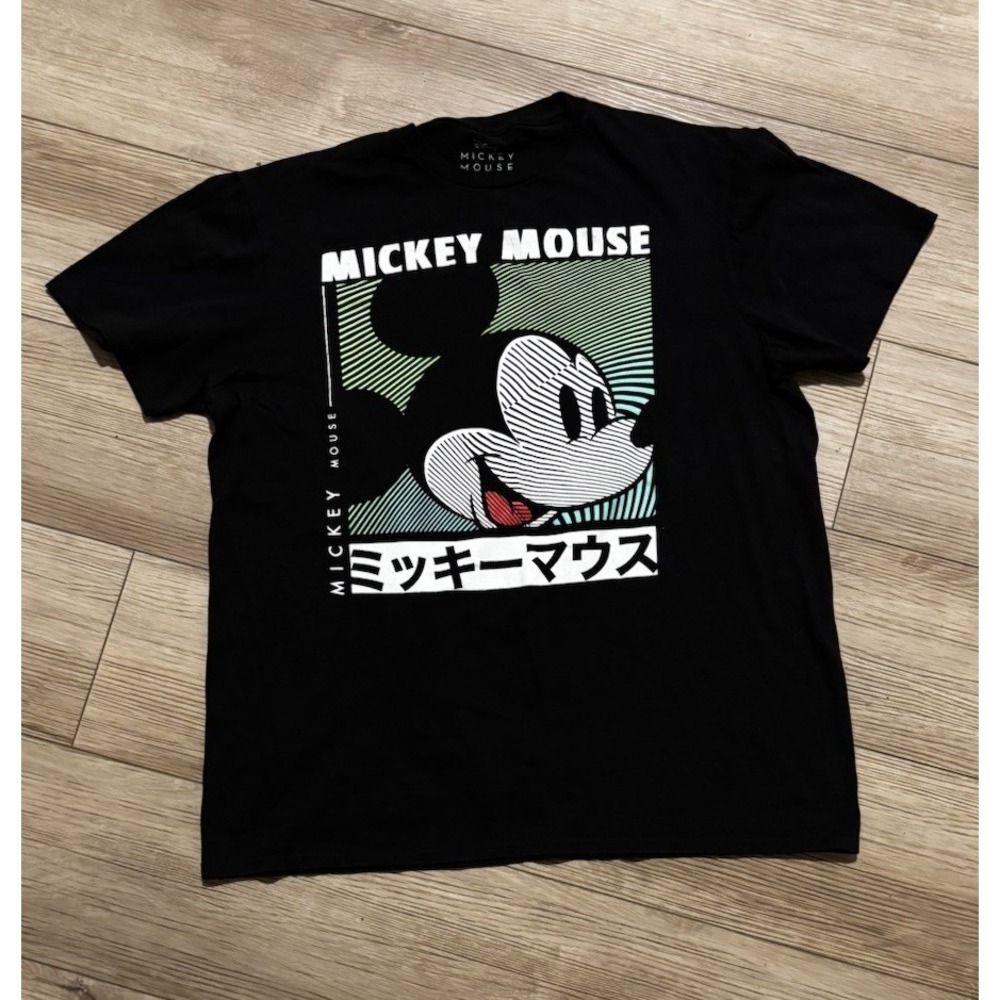 MICKEY MOUSE  Disney World Japanese Text Black Cotton T-shirt Adult Size L